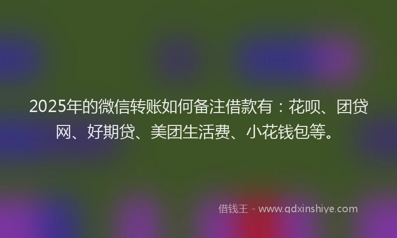 2025年的微信转账如何备注借款有：花呗、团贷网、好期贷、美团生活费、小花钱包等。