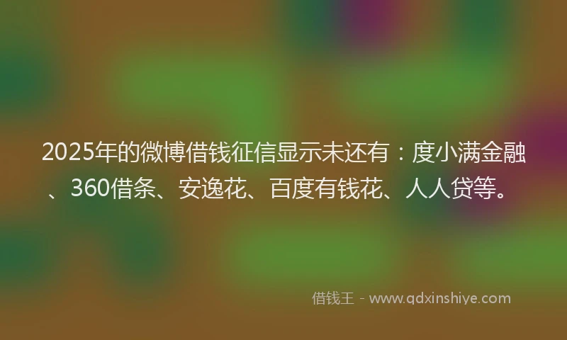 2025年的微博借钱征信显示未还有：度小满金融、360借条、安逸花、百度有钱花、人人贷等。