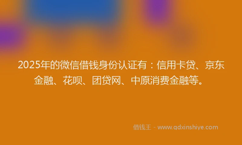 2025年的微信借钱身份认证有：信用卡贷、京东金融、花呗、团贷网、中原消费金融等。