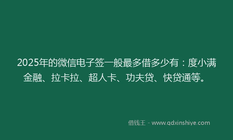 2025年的微信电子签一般最多借多少有：度小满金融、拉卡拉、超人卡、功夫贷、快贷通等。