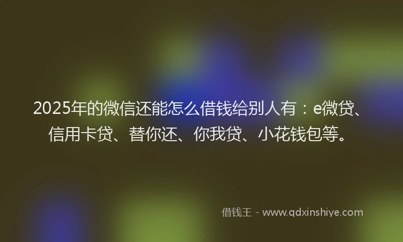 2025年的微信还能怎么借钱给别人有：e微贷、信用卡贷、替你还、你我贷、小花钱包等。