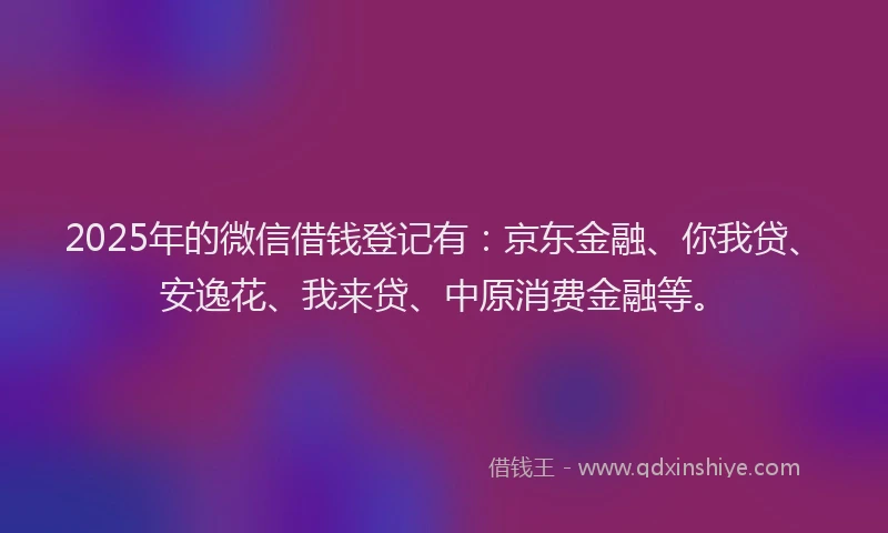 2025年的微信借钱登记有：京东金融、你我贷、安逸花、我来贷、中原消费金融等。