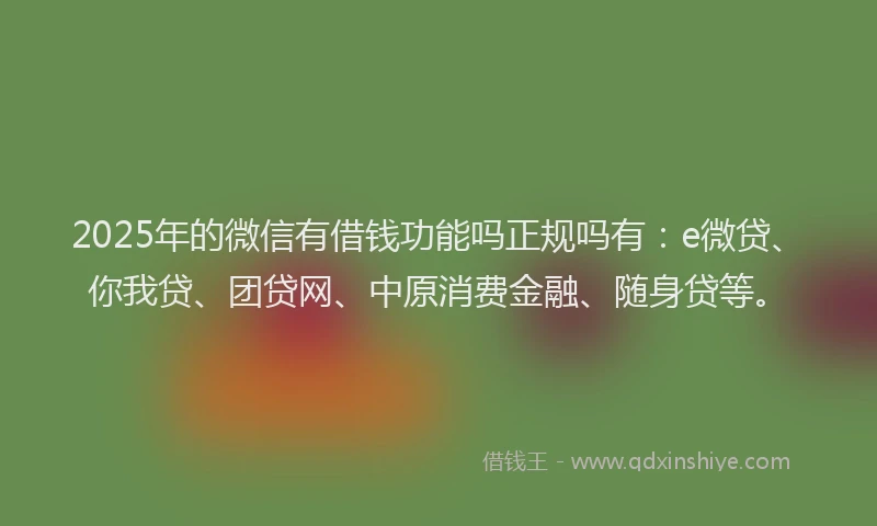 2025年的微信有借钱功能吗正规吗有：e微贷、你我贷、团贷网、中原消费金融、随身贷等。