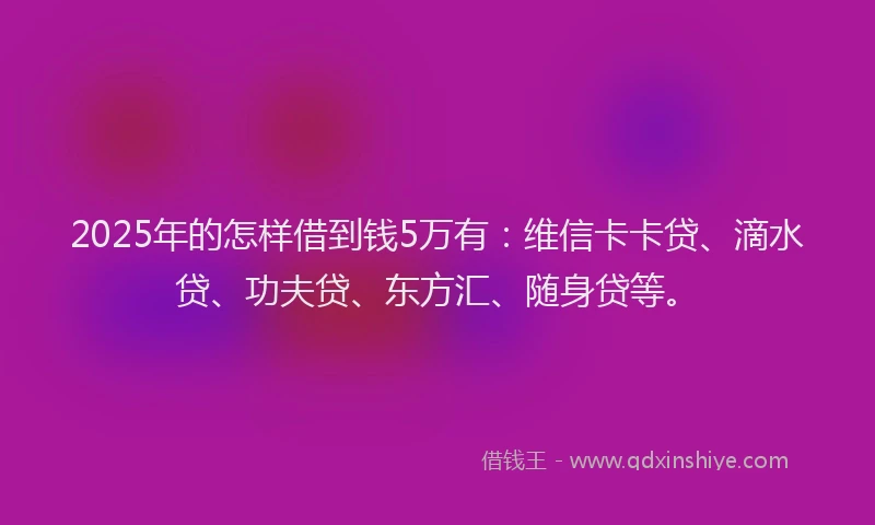 2025年的怎样借到钱5万有：维信卡卡贷、滴水贷、功夫贷、东方汇、随身贷等。