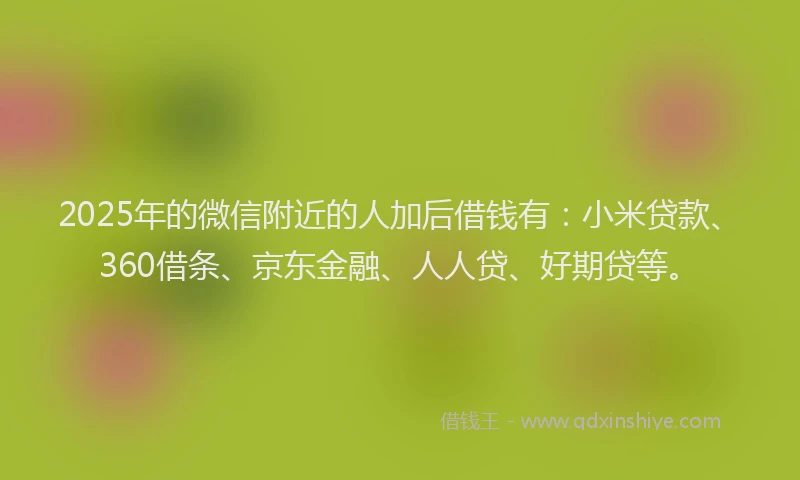 2025年的微信附近的人加后借钱有：小米贷款、360借条、京东金融、人人贷、好期贷等。