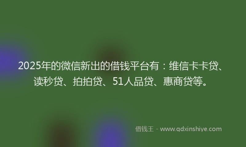2025年的微信新出的借钱平台有：维信卡卡贷、读秒贷、拍拍贷、51人品贷、惠商贷等。