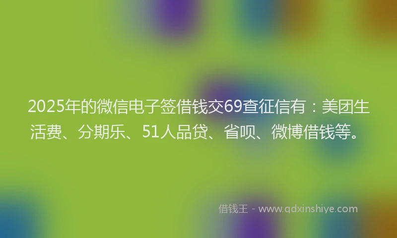 2025年的微信电子签借钱交69查征信有：美团生活费、分期乐、51人品贷、省呗、微博借钱等。