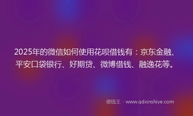 2025年的微信如何使用花呗借钱有：京东金融、平安口袋银行、好期贷、微博借钱、融逸花等。