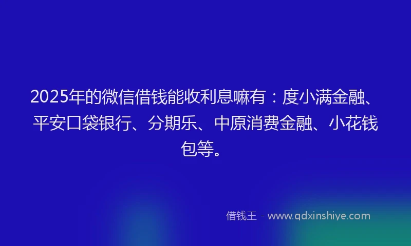 2025年的微信借钱能收利息嘛有：度小满金融、平安口袋银行、分期乐、中原消费金融、小花钱包等。