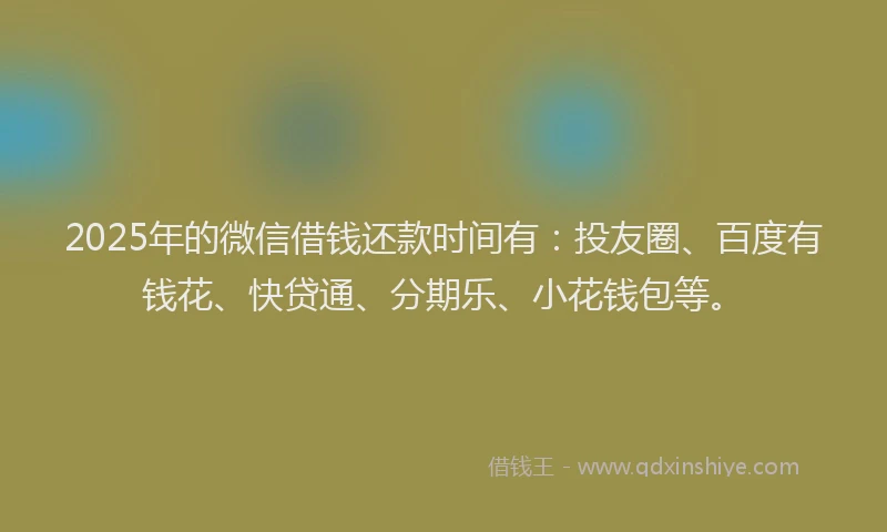2025年的微信借钱还款时间有：投友圈、百度有钱花、快贷通、分期乐、小花钱包等。