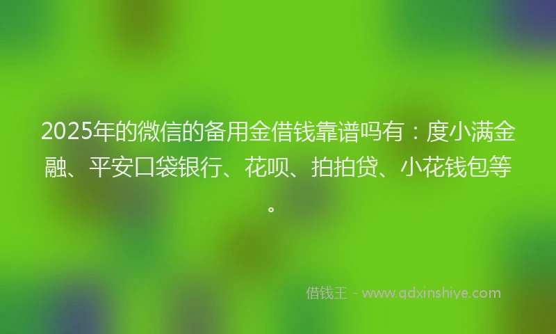 2025年的微信的备用金借钱靠谱吗有：度小满金融、平安口袋银行、花呗、拍拍贷、小花钱包等。
