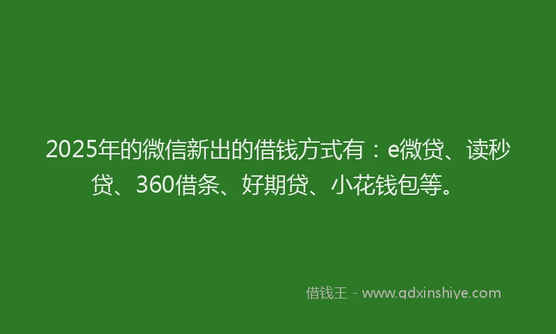 2025年的微信新出的借钱方式有：e微贷、读秒贷、360借条、好期贷、小花钱包等。