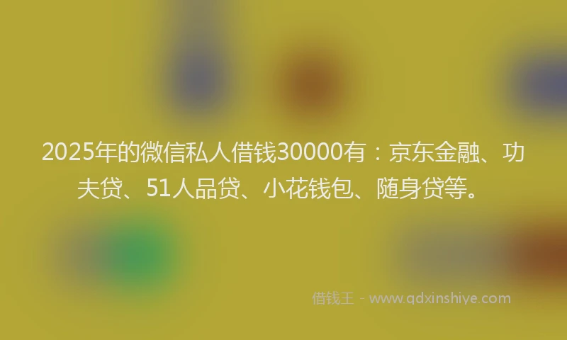 2025年的微信私人借钱30000有：京东金融、功夫贷、51人品贷、小花钱包、随身贷等。