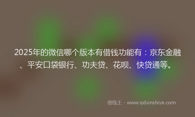 2025年的微信哪个版本有借钱功能有：京东金融、平安口袋银行、功夫贷、花呗、快贷通等。