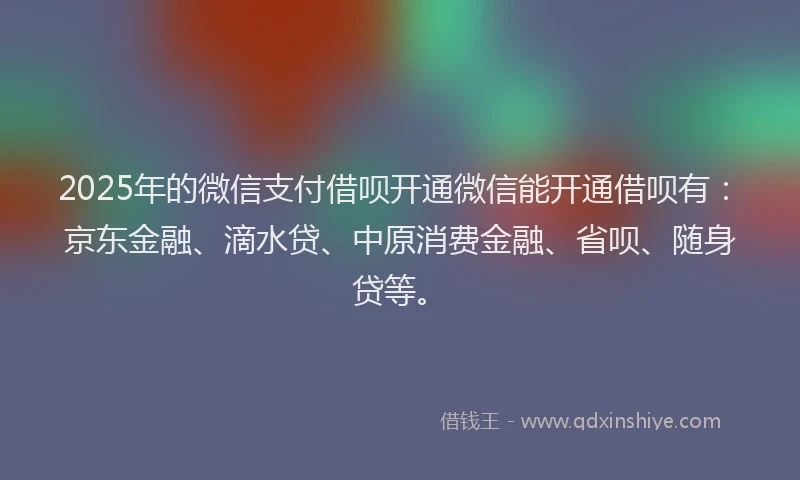 2025年的微信支付借呗开通微信能开通借呗有：京东金融、滴水贷、中原消费金融、省呗、随身贷等。