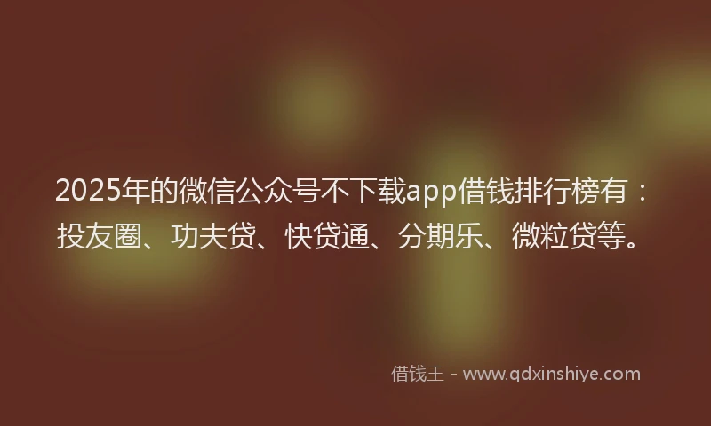 2025年的微信公众号不下载app借钱排行榜有：投友圈、功夫贷、快贷通、分期乐、微粒贷等。