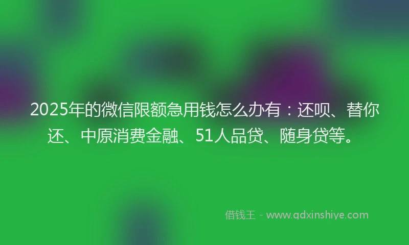 2025年的微信限额急用钱怎么办有：还呗、替你还、中原消费金融、51人品贷、随身贷等。