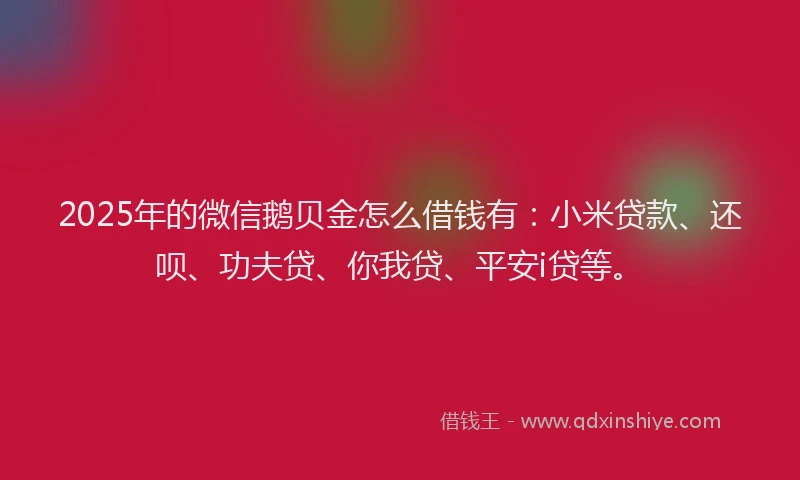2025年的微信鹅贝金怎么借钱有：小米贷款、还呗、功夫贷、你我贷、平安i贷等。