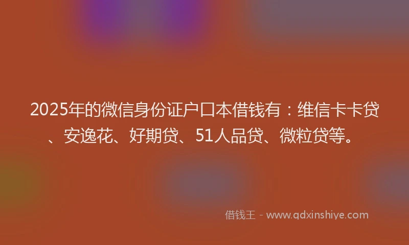 2025年的微信身份证户口本借钱有：维信卡卡贷、安逸花、好期贷、51人品贷、微粒贷等。