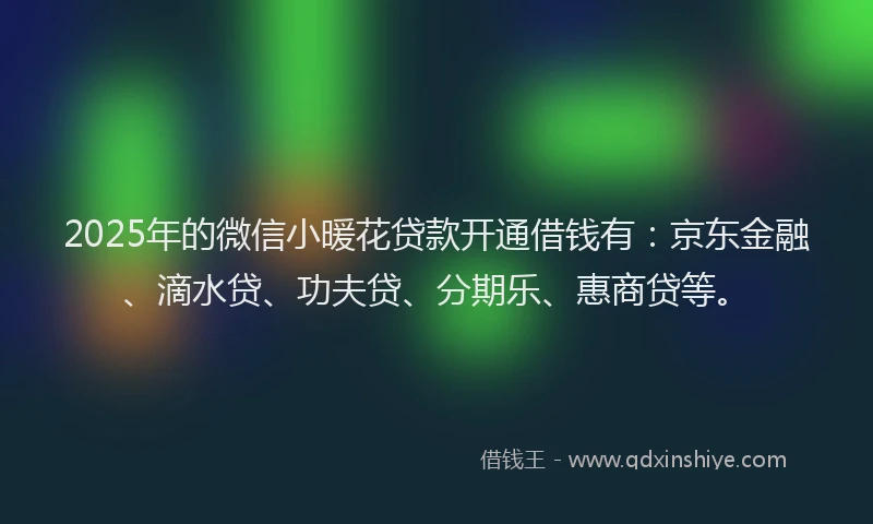 2025年的微信小暖花贷款开通借钱有：京东金融、滴水贷、功夫贷、分期乐、惠商贷等。