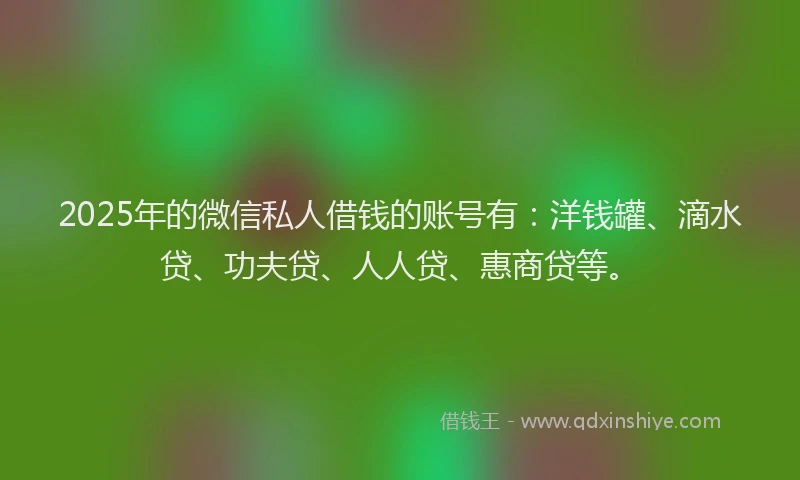 2025年的微信私人借钱的账号有：洋钱罐、滴水贷、功夫贷、人人贷、惠商贷等。