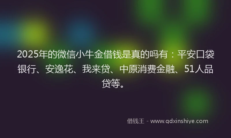 2025年的微信小牛金借钱是真的吗有：平安口袋银行、安逸花、我来贷、中原消费金融、51人品贷等。