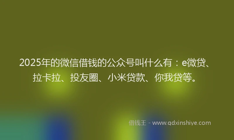 2025年的微信借钱的公众号叫什么有：e微贷、拉卡拉、投友圈、小米贷款、你我贷等。