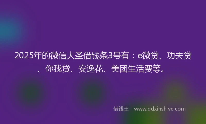 2025年的微信大圣借钱条3号有：e微贷、功夫贷、你我贷、安逸花、美团生活费等。