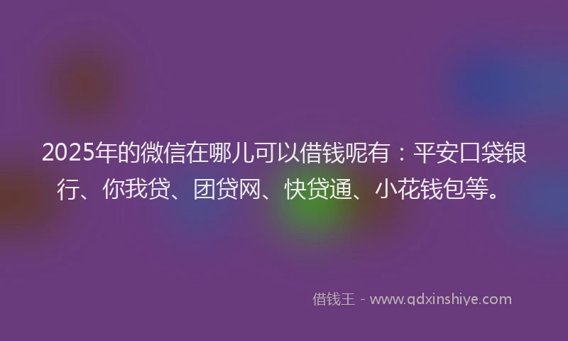 2025年的微信在哪儿可以借钱呢有：平安口袋银行、你我贷、团贷网、快贷通、小花钱包等。