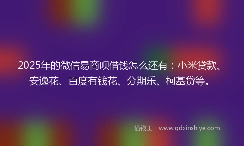 2025年的微信易商呗借钱怎么还有：小米贷款、安逸花、百度有钱花、分期乐、柯基贷等。
