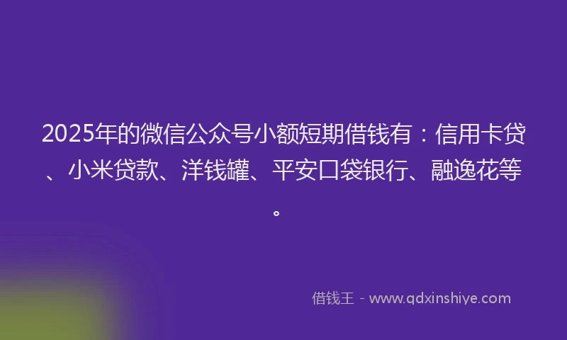 2025年的微信公众号小额短期借钱有：信用卡贷、小米贷款、洋钱罐、平安口袋银行、融逸花等。