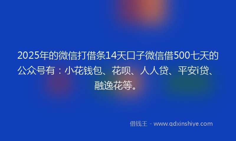 2025年的微信打借条14天口子微信借500七天的公众号有：小花钱包、花呗、人人贷、平安i贷、融逸花等。