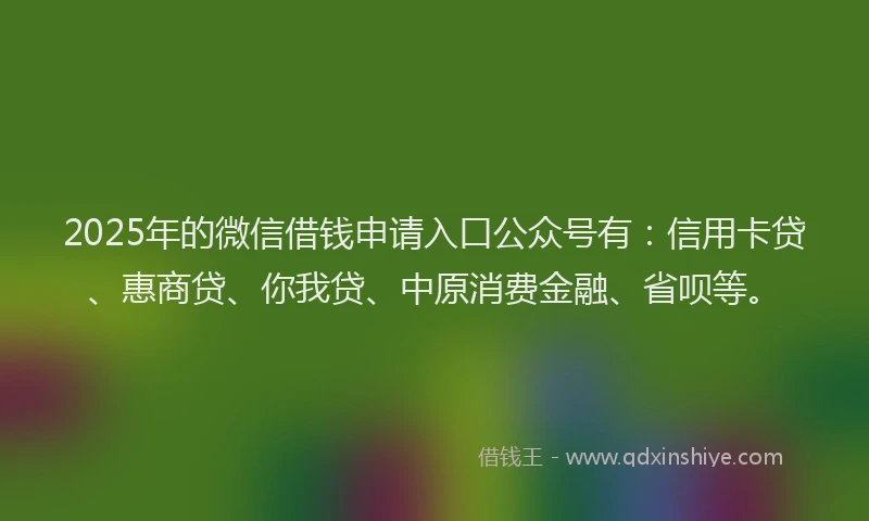 2025年的微信借钱申请入口公众号有：信用卡贷、惠商贷、你我贷、中原消费金融、省呗等。