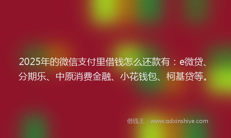 2025年的微信支付里借钱怎么还款有：e微贷、分期乐、中原消费金融、小花钱包、柯基贷等。