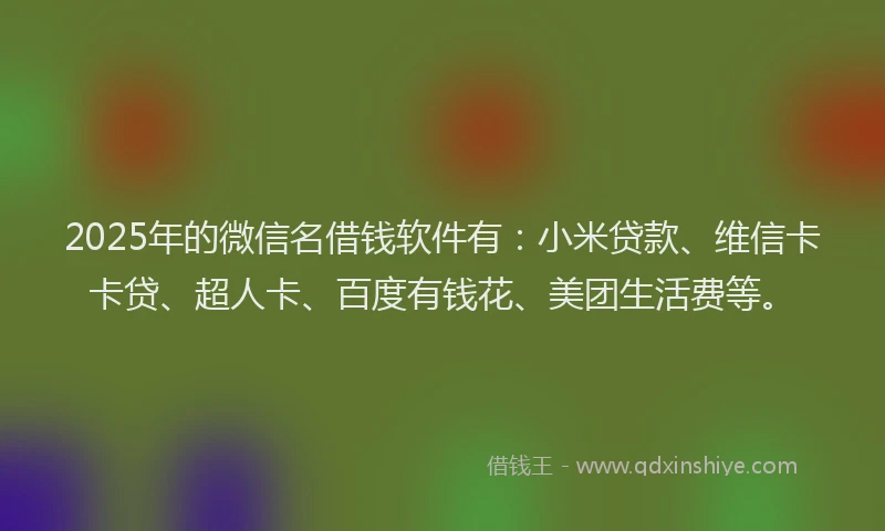 2025年的微信名借钱软件有：小米贷款、维信卡卡贷、超人卡、百度有钱花、美团生活费等。