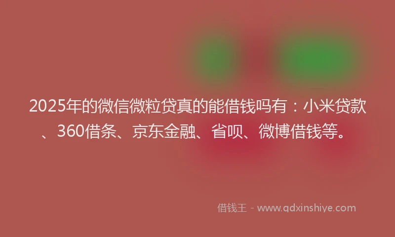 2025年的微信微粒贷真的能借钱吗有：小米贷款、360借条、京东金融、省呗、微博借钱等。