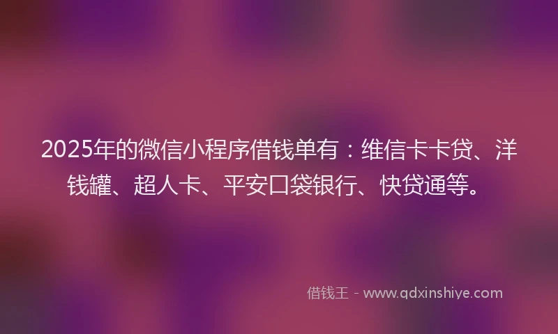 2025年的微信小程序借钱单有：维信卡卡贷、洋钱罐、超人卡、平安口袋银行、快贷通等。