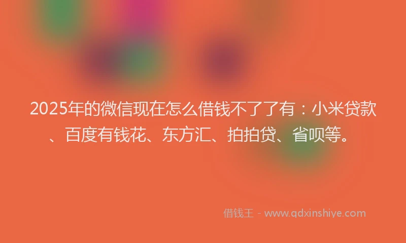 2025年的微信现在怎么借钱不了了有：小米贷款、百度有钱花、东方汇、拍拍贷、省呗等。