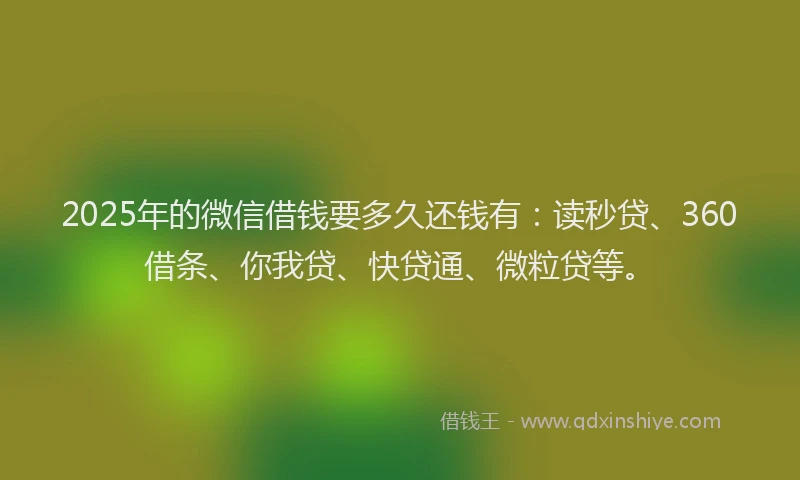 2025年的微信借钱要多久还钱有：读秒贷、360借条、你我贷、快贷通、微粒贷等。