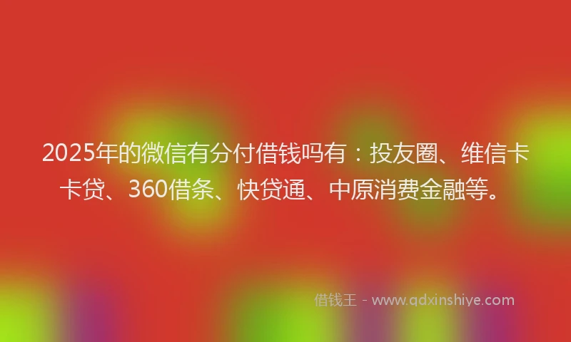 2025年的微信有分付借钱吗有：投友圈、维信卡卡贷、360借条、快贷通、中原消费金融等。