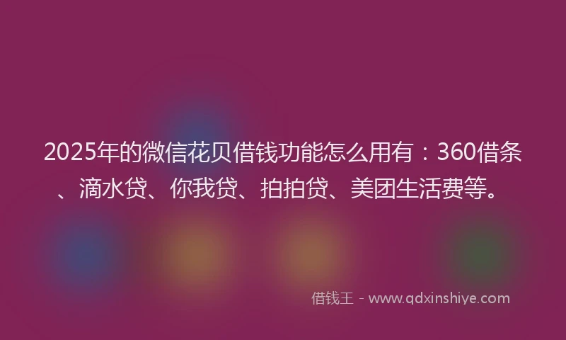 2025年的微信花贝借钱功能怎么用有：360借条、滴水贷、你我贷、拍拍贷、美团生活费等。