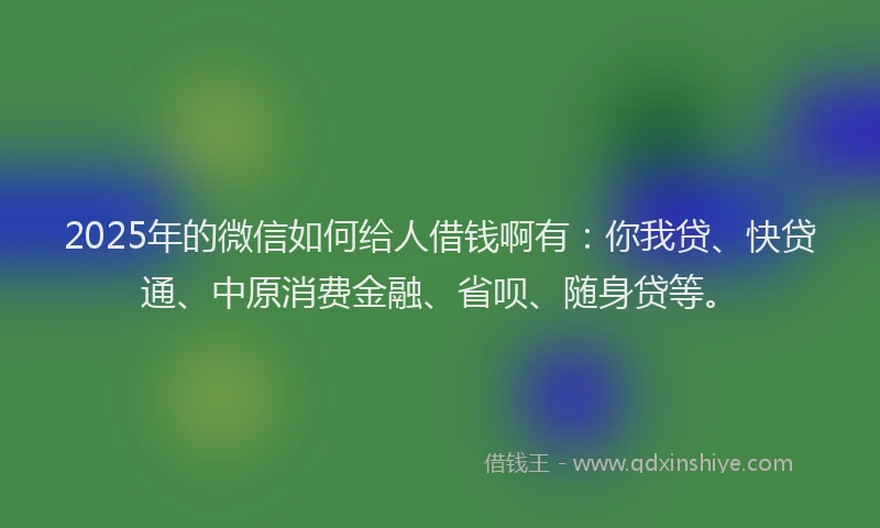 2025年的微信如何给人借钱啊有：你我贷、快贷通、中原消费金融、省呗、随身贷等。