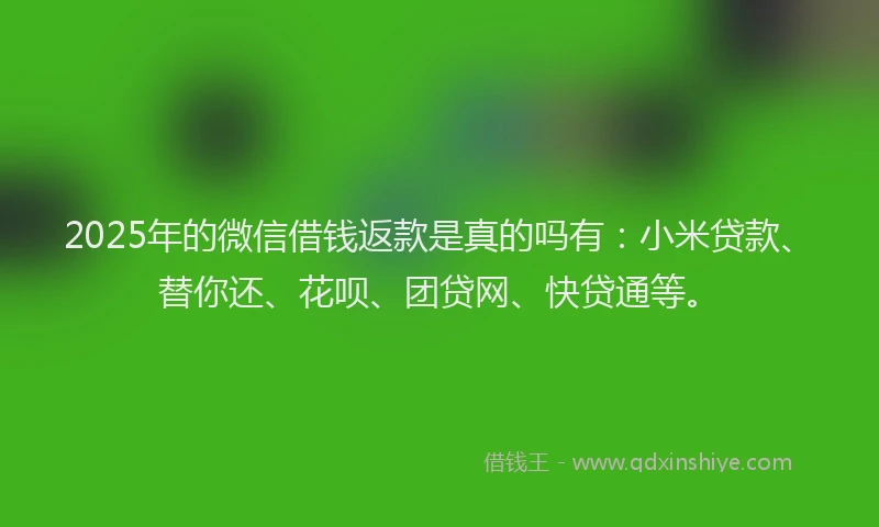 2025年的微信借钱返款是真的吗有：小米贷款、替你还、花呗、团贷网、快贷通等。