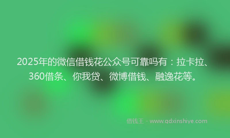 2025年的微信借钱花公众号可靠吗有：拉卡拉、360借条、你我贷、微博借钱、融逸花等。