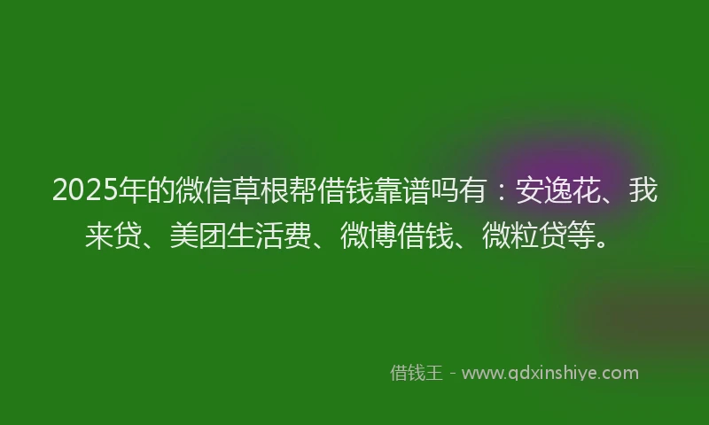 2025年的微信草根帮借钱靠谱吗有：安逸花、我来贷、美团生活费、微博借钱、微粒贷等。