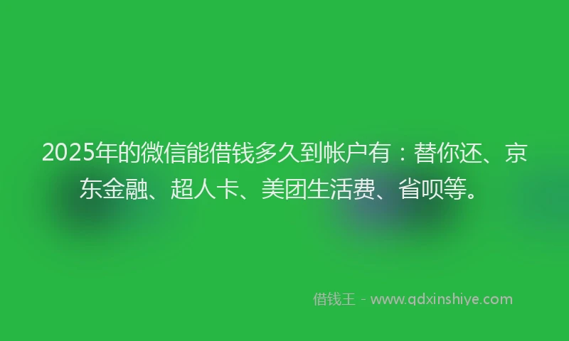 2025年的微信能借钱多久到帐户有：替你还、京东金融、超人卡、美团生活费、省呗等。