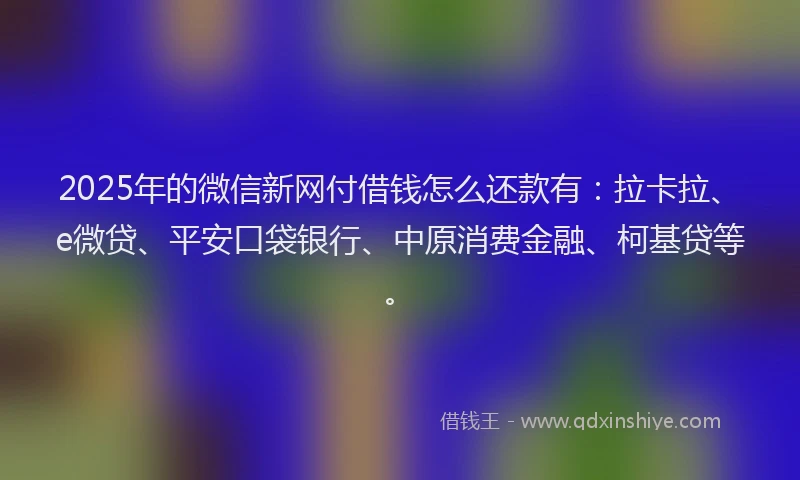 2025年的微信新网付借钱怎么还款有：拉卡拉、e微贷、平安口袋银行、中原消费金融、柯基贷等。