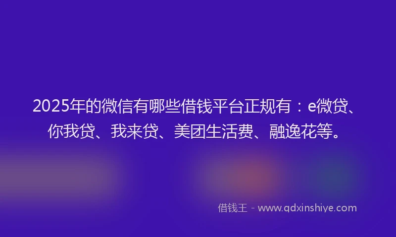 2025年的微信有哪些借钱平台正规有：e微贷、你我贷、我来贷、美团生活费、融逸花等。