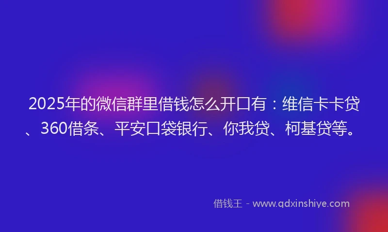 2025年的微信群里借钱怎么开口有：维信卡卡贷、360借条、平安口袋银行、你我贷、柯基贷等。