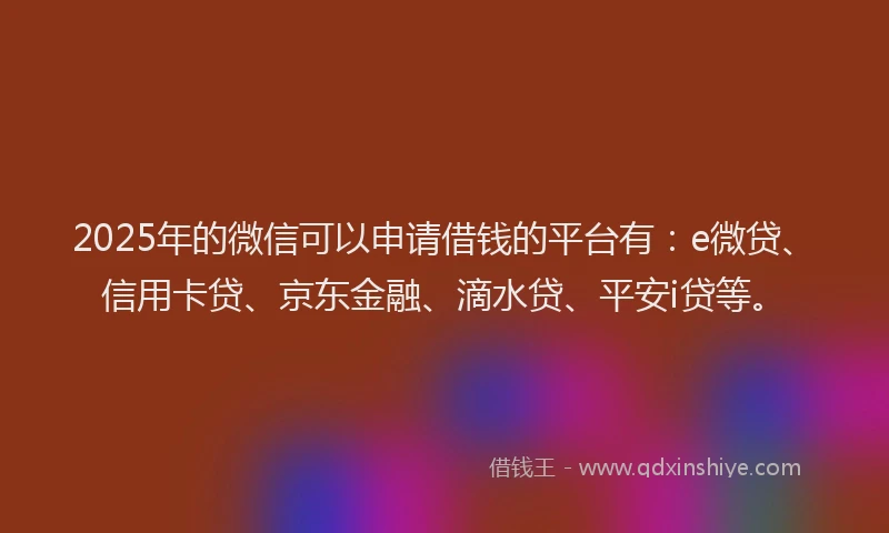 2025年的微信可以申请借钱的平台有：e微贷、信用卡贷、京东金融、滴水贷、平安i贷等。